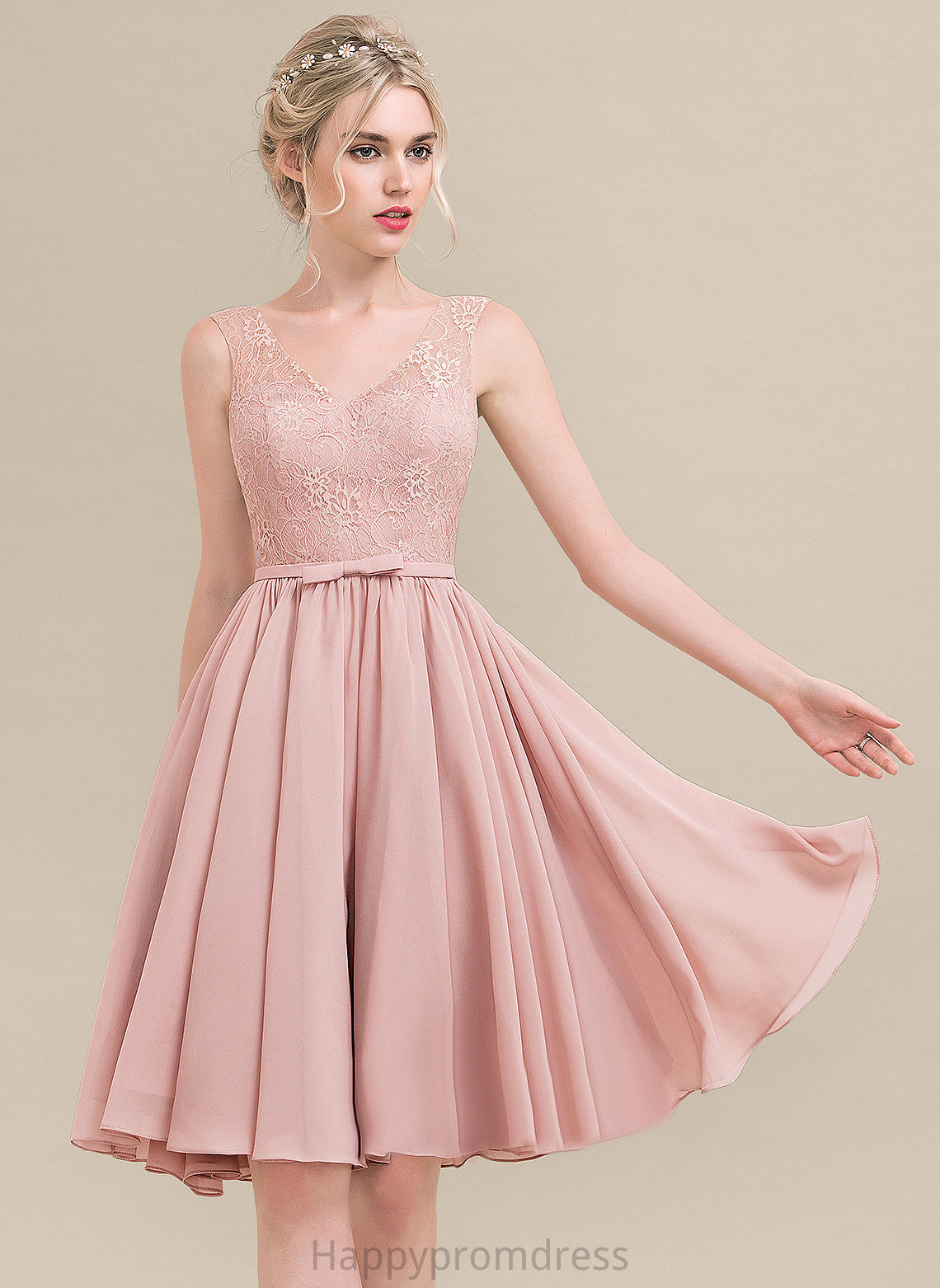 A-Line With Bow(s) Lace V-neck Knee-Length Janiah Dress Chiffon Cocktail Dresses Lace Cocktail