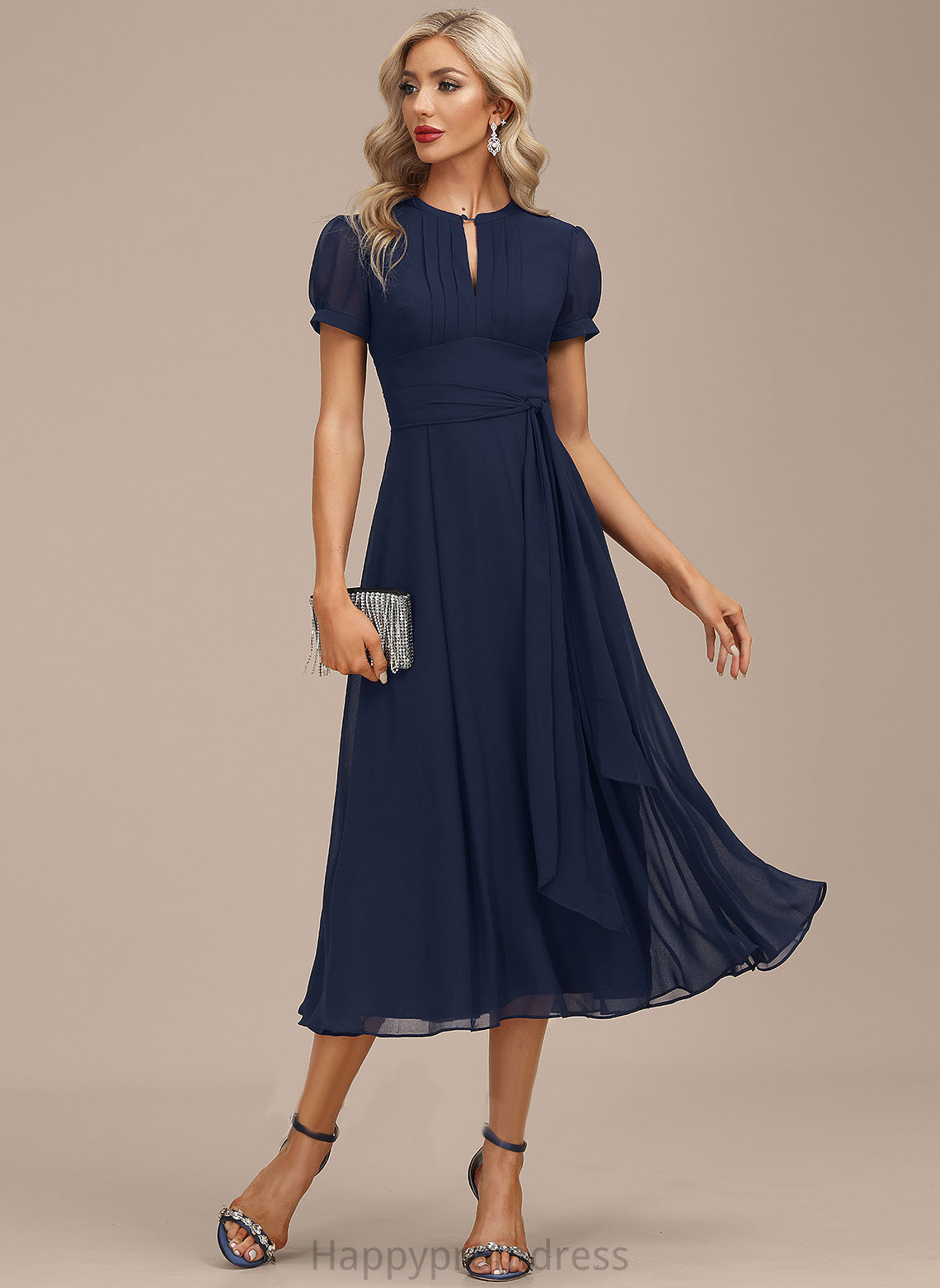 Scoop Cocktail Dresses Ruffle Chiffon Bethany A-Line Tea-Length Dress Neck With Cocktail