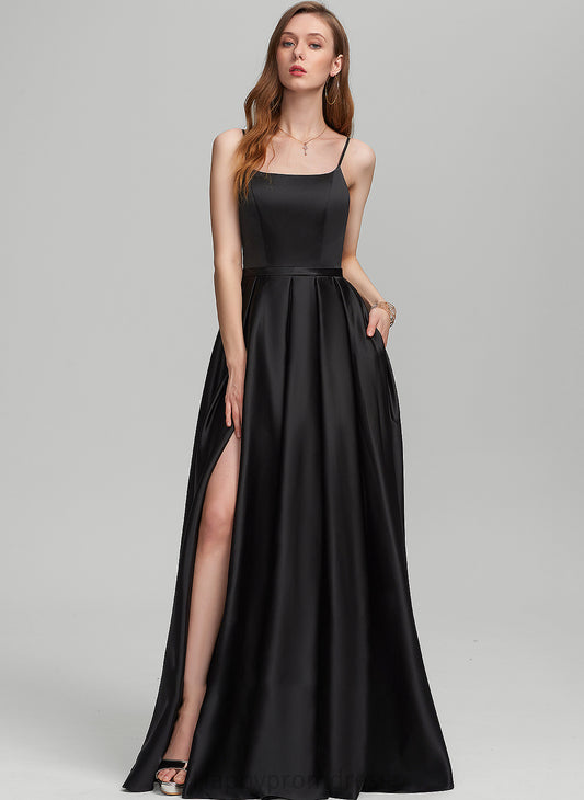 With Satin A-Line Pockets Square Rhoda Neckline Split Prom Dresses Front Floor-Length