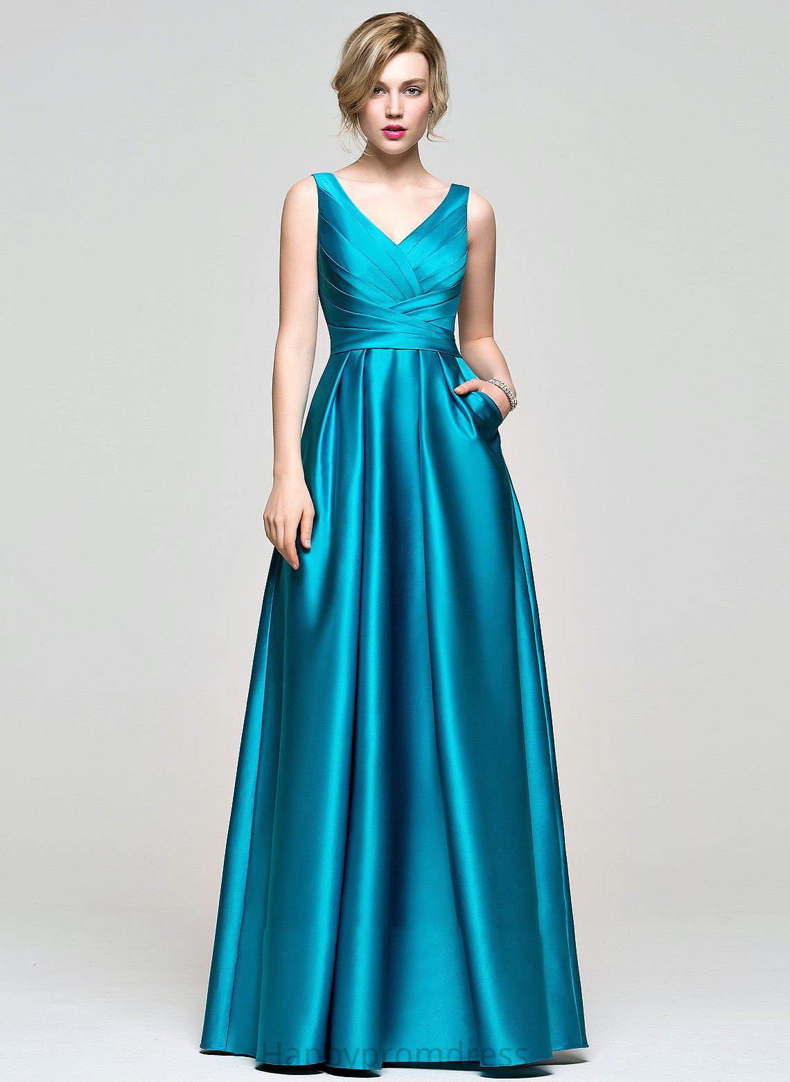 Pockets Satin Ruffle V-neck With Alena Floor-Length Prom Dresses Ball-Gown/Princess