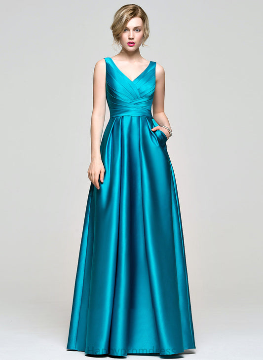 Pockets Satin Ruffle V-neck With Alena Floor-Length Prom Dresses Ball-Gown/Princess