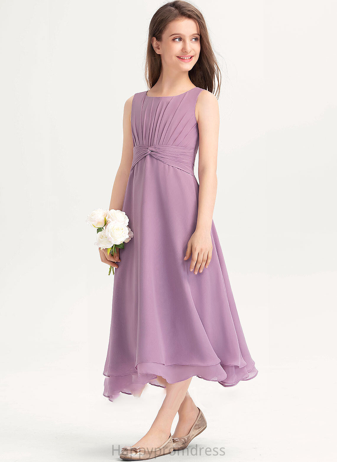 With A-Line Larissa Neck Chiffon Junior Bridesmaid Dresses Scoop Tea-Length Ruffle