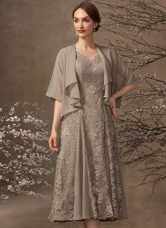 Peggie A-Line Mother Mother of the Bride Dresses of Tea-Length Bride Chiffon Dress Lace V-neck the