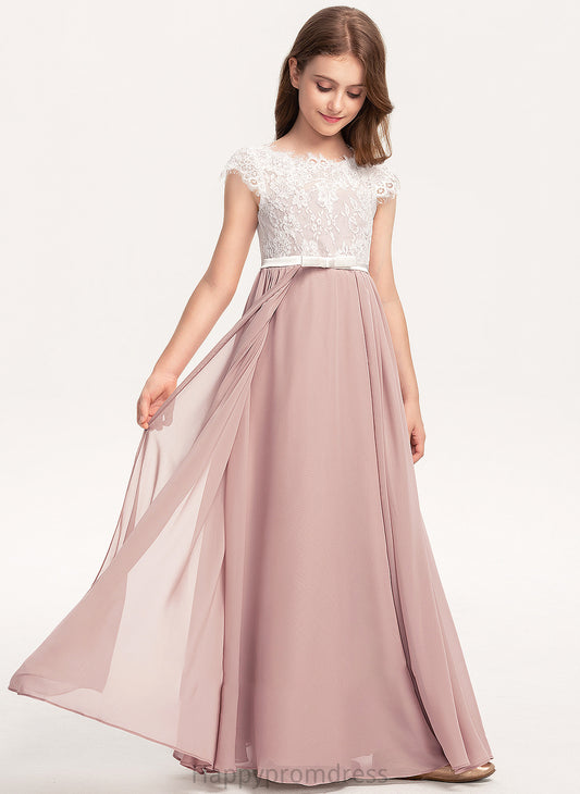 Scoop With A-Line Neck Chiffon Alexus Floor-Length Lace Bow(s) Junior Bridesmaid Dresses