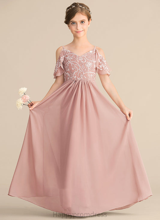 Chiffon V-neck A-Line April Floor-Length Junior Bridesmaid Dresses Lace