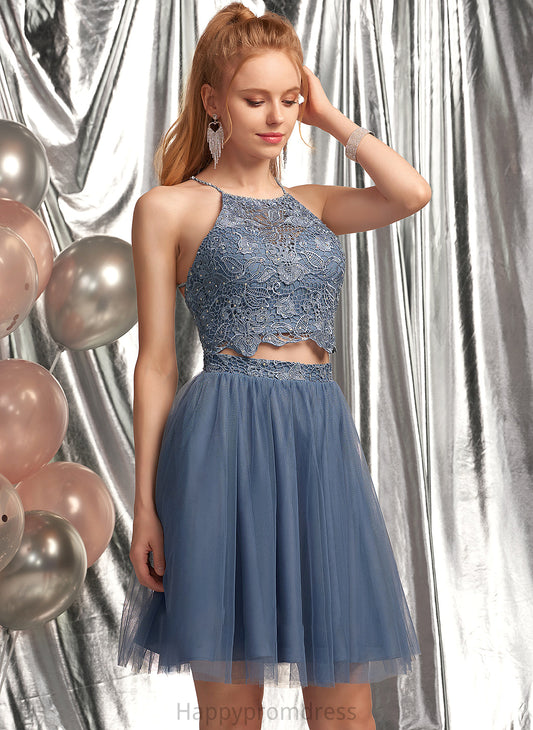 A-Line Beading Mareli Short/Mini Sequins Neck Prom Dresses With Tulle Scoop