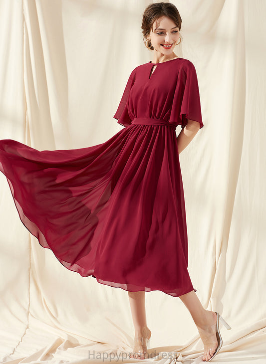 Neck Isis A-Line Chiffon With Tea-Length Dress Cocktail Bow(s) Ruffle Cocktail Dresses Scoop