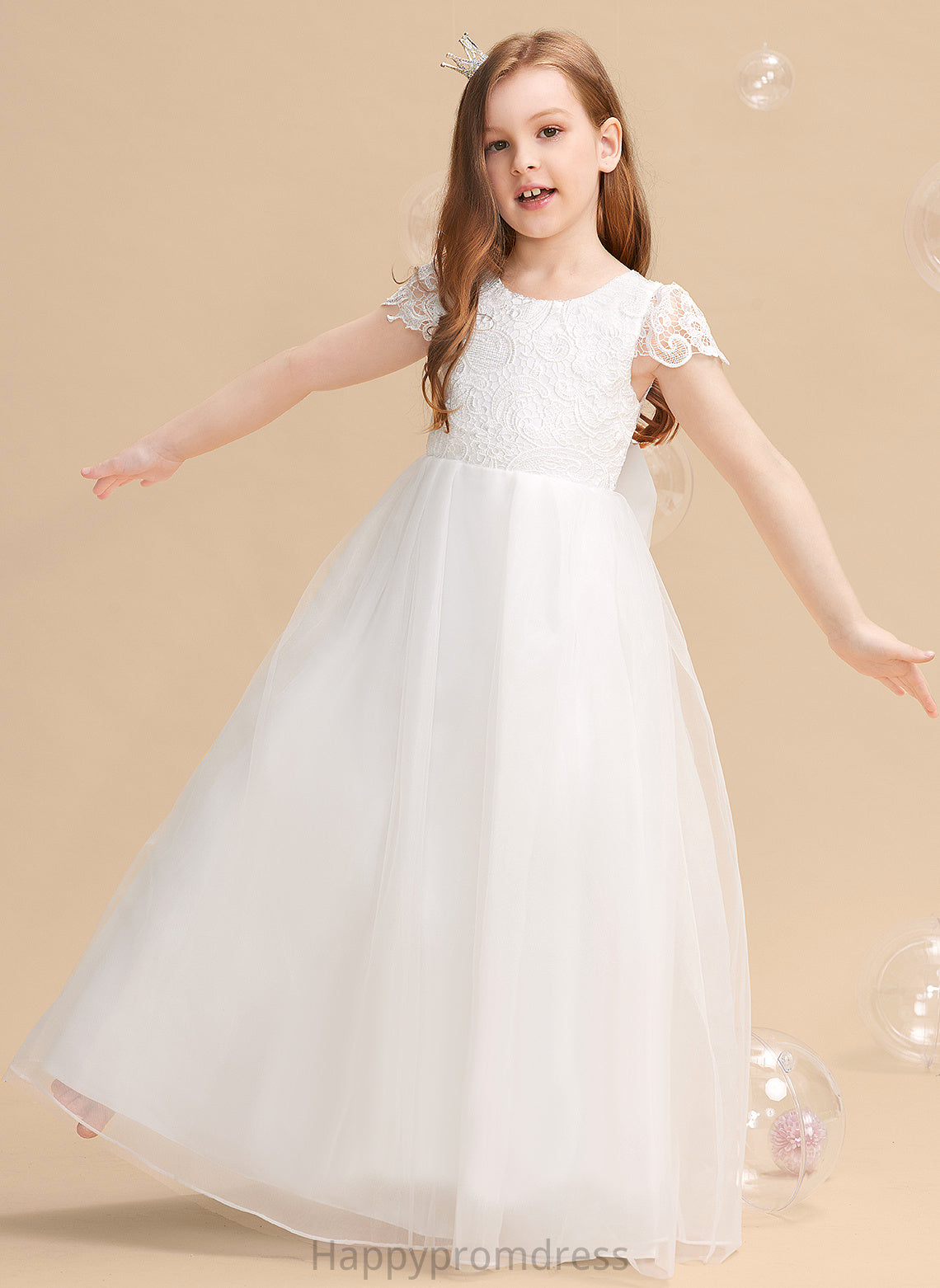 Tulle/Lace Short Ball-Gown/Princess Bow(s) Scoop Girl Flower With Anabel - Sleeves Dress Flower Girl Dresses Neck Floor-length