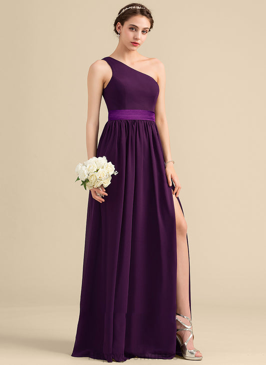 One-Shoulder Length Floor-Length Fabric Neckline A-Line Silhouette Ruffle Embellishment SplitFront Millie Natural Waist Bridesmaid Dresses