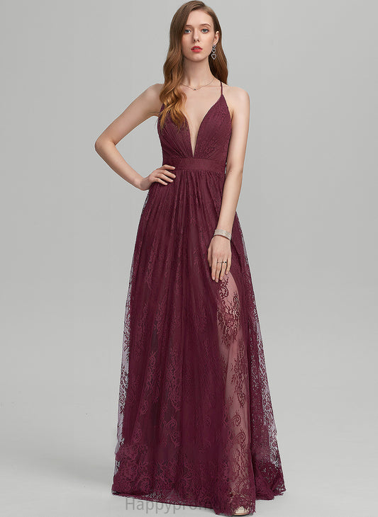 V-neck With Lace Prom Dresses Tania A-Line Floor-Length Front Split