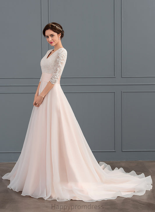 With Wedding Train Viv Ruffle Ball-Gown/Princess Organza Wedding Dresses Court Dress V-neck