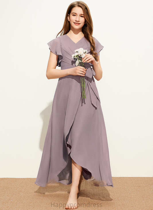 V-neck Chiffon A-Line Mila Asymmetrical Junior Bridesmaid Dresses Ruffle Bow(s) With