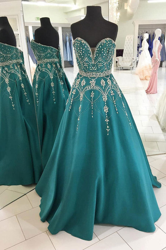 Green A Line Floor Length Sweetheart Sleeveless Beading Prom Dresses