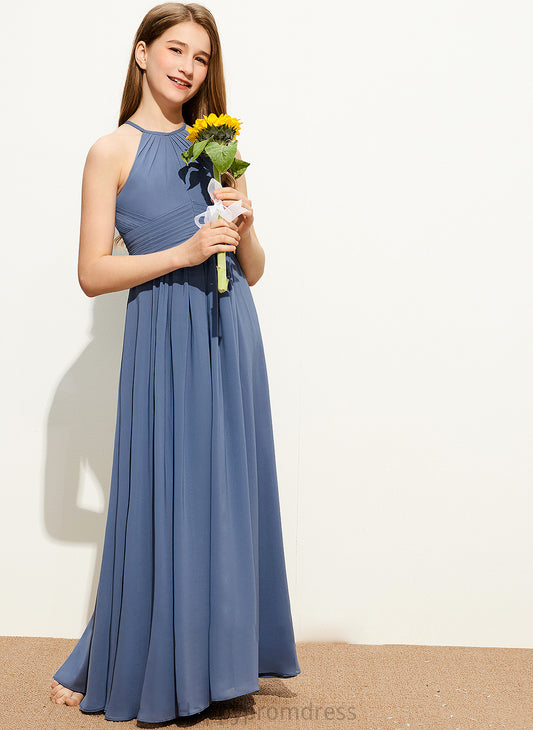 Chiffon Floor-Length Scoop Ruffle With Kallie Neck A-Line Junior Bridesmaid Dresses