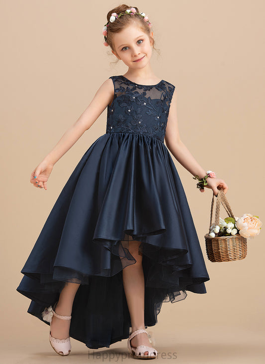 With Ball-Gown/Princess Satin Neck Asymmetrical Sleeveless Jayleen Bow(s) Girl - Flower Girl Dresses Flower Scoop Dress