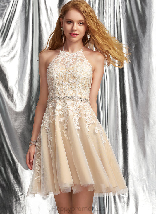 A-Line Lace With Sequins Prom Dresses Halter Liliana Beading Tulle Short/Mini