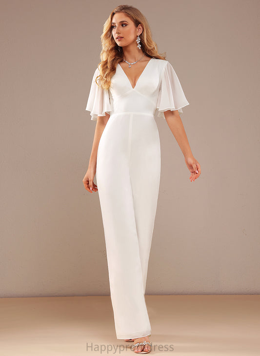 With V-neck Dress Jumpsuit/Pantsuit Wedding Wedding Dresses Floor-Length Livia Chiffon Ruffle