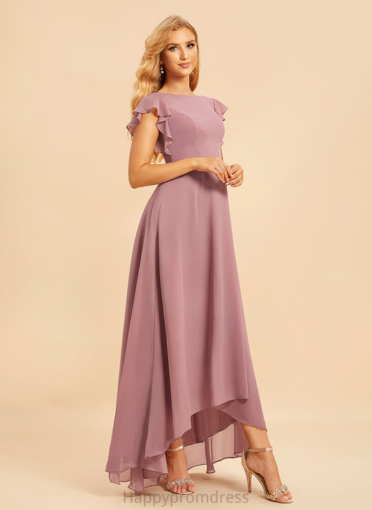 Silhouette ScoopNeck A-Line Length Ruffle Asymmetrical Neckline Fabric Embellishment Amelia V-Neck Natural Waist Bridesmaid Dresses