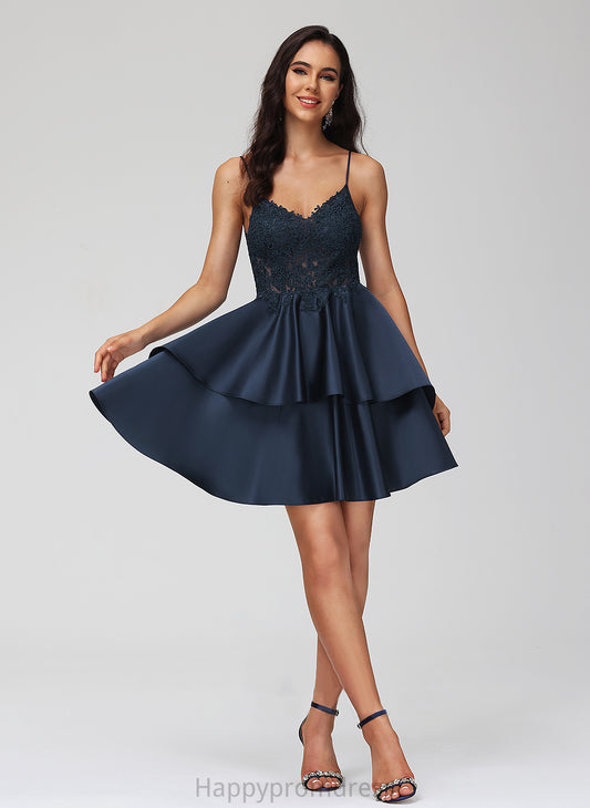 A-Line Homecoming With Dress V-neck Homecoming Dresses Lace Short/Mini Satin Monique