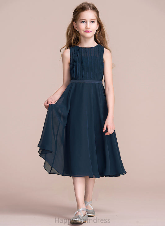 Emmalee Scoop Chiffon Tea-Length Junior Bridesmaid Dresses With Ruffle Neck A-Line