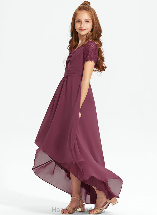 Lace With A-Line Chiffon Ruffle Haylie Asymmetrical Junior Bridesmaid Dresses V-neck