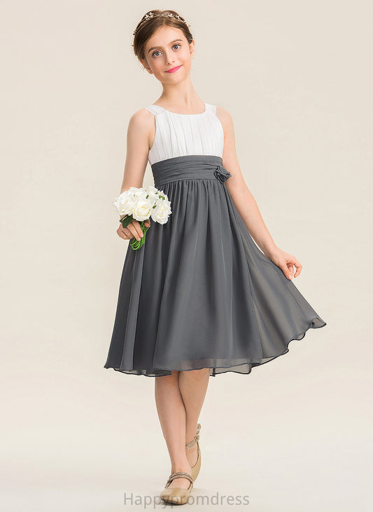 Knee-Length Junior Bridesmaid Dresses With A-Line Ruffle Maci Chiffon Scoop Neck Flower(s)