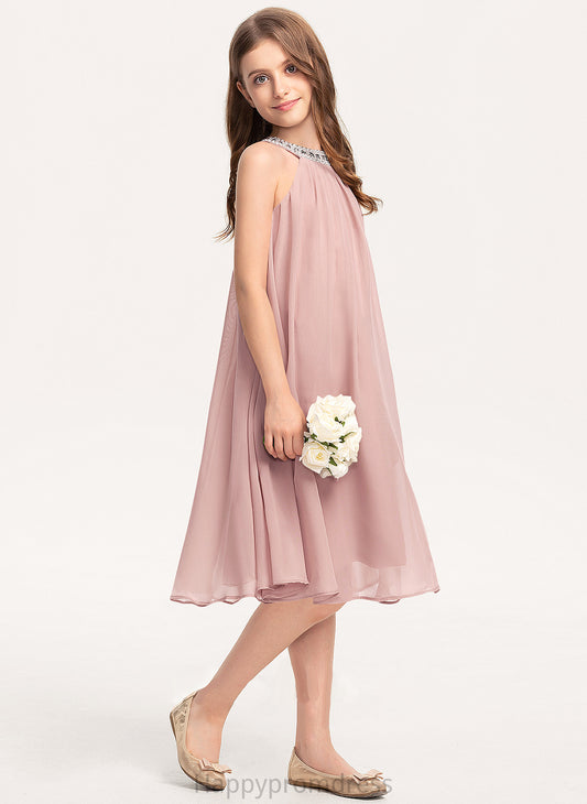 Junior Bridesmaid Dresses Neck Scoop Sequins Beading Ryann A-Line Knee-Length Chiffon With