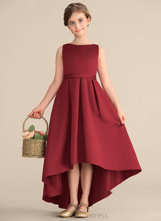 Emilee Satin A-Line Scoop Pockets Asymmetrical Ruffle With Junior Bridesmaid Dresses Neck