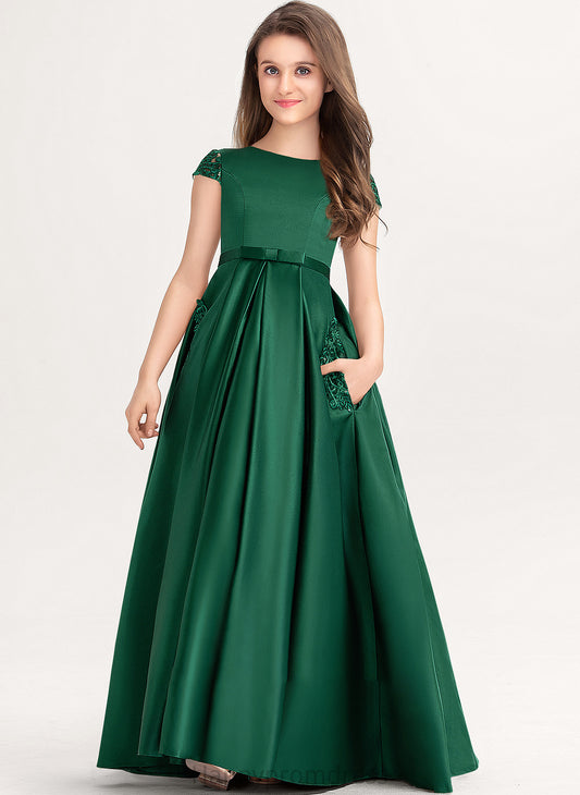 Neck With Kaylie Scoop Bow(s) Lace Junior Bridesmaid Dresses Floor-Length Satin Ball-Gown/Princess Pockets