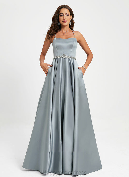 A-Line Neck Beading With Pru Scoop Prom Dresses Satin Floor-Length