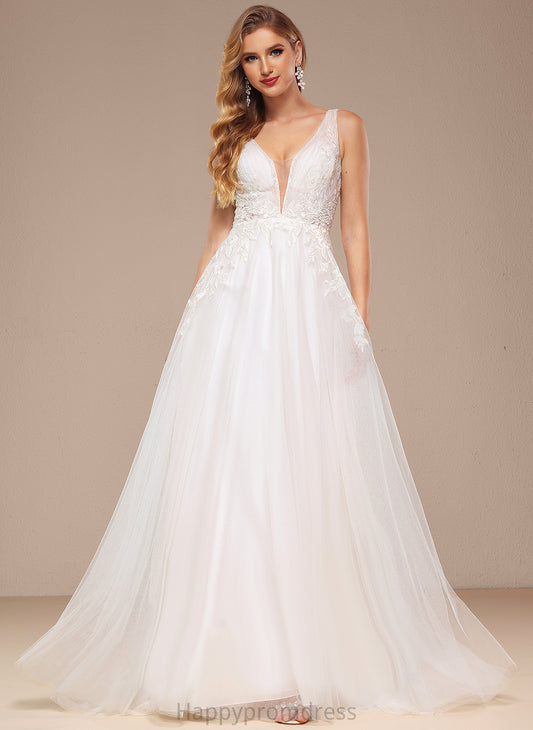 Tulle A-Line Train Wedding Dresses Dress Sequins With Lace Evie Sweep Wedding V-neck