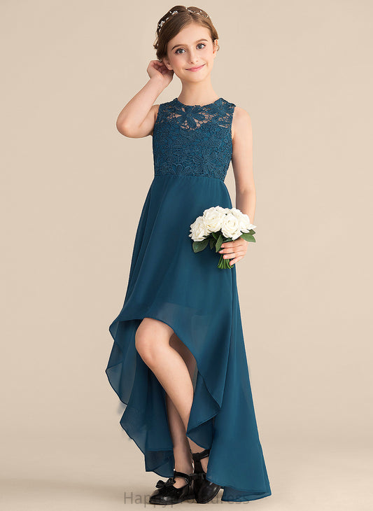 Chiffon Scoop A-Line Neck Asymmetrical Lace Junior Bridesmaid Dresses Emmalee