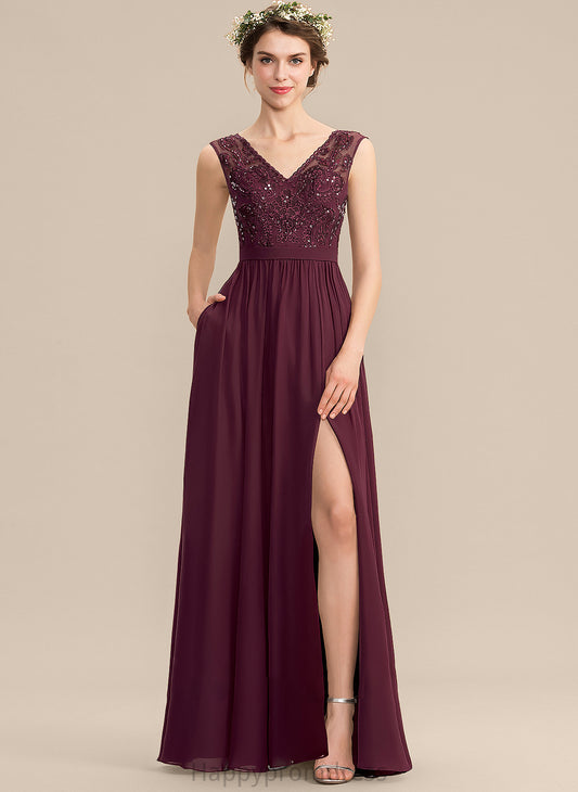 SplitFront Pockets V-neck Embellishment Fabric A-Line Silhouette Neckline Length Floor-Length Sequins Beading Bridesmaid Dresses