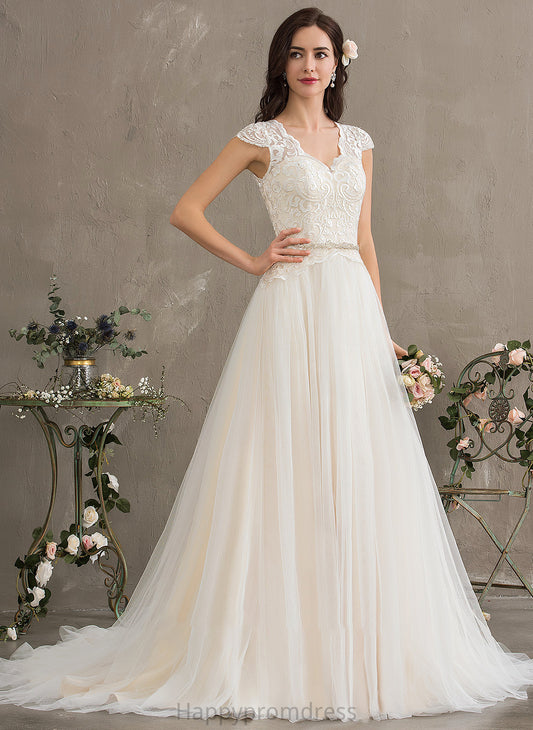 V-neck Wedding Sequins Wedding Dresses Beading Train Tulle With Dress Ball-Gown/Princess Court Olive