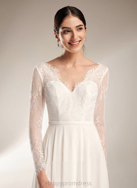 Wedding V-neck Lace Chiffon Regina Dress Train A-Line Sweep Wedding Dresses