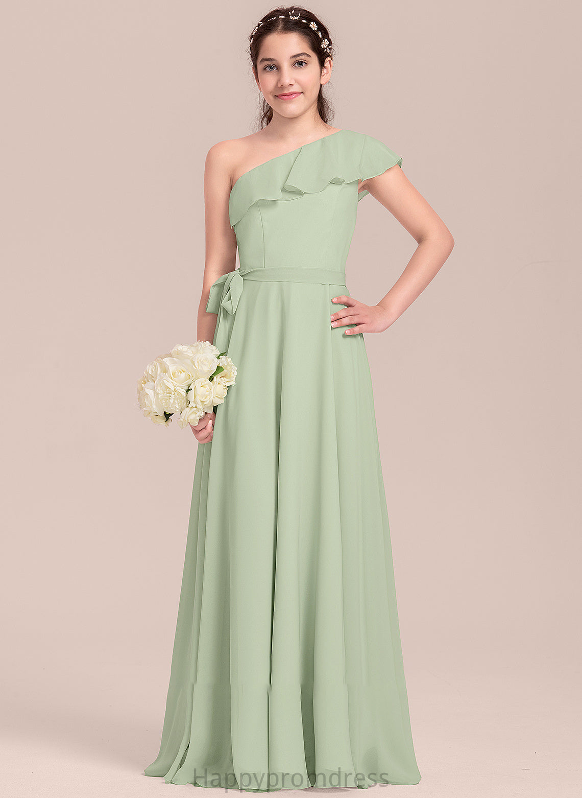 Gianna Junior Bridesmaid Dresses A-Line Ruffles Cascading Floor-Length With Chiffon One-Shoulder