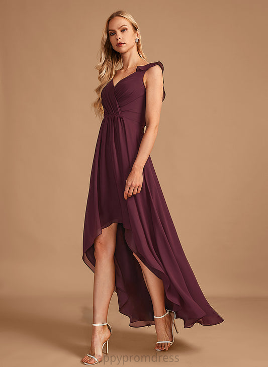 Silhouette Neckline V-neck Ruffle Fabric Length Embellishment Asymmetrical A-Line Sal Natural Waist Sleeveless Bridesmaid Dresses