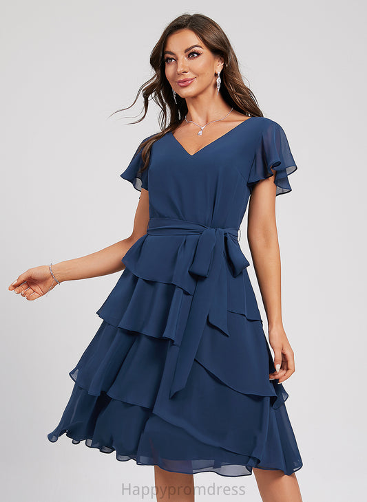 Ruffle Chiffon Dress V-neck Knee-Length With Cocktail Dresses A-Line Cocktail Kayla Sash