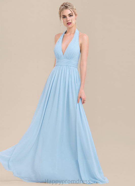 Floor-Length Embellishment Length Halter Ruffle Neckline Silhouette Fabric A-Line Aliyah A-Line/Princess Spaghetti Staps Bridesmaid Dresses