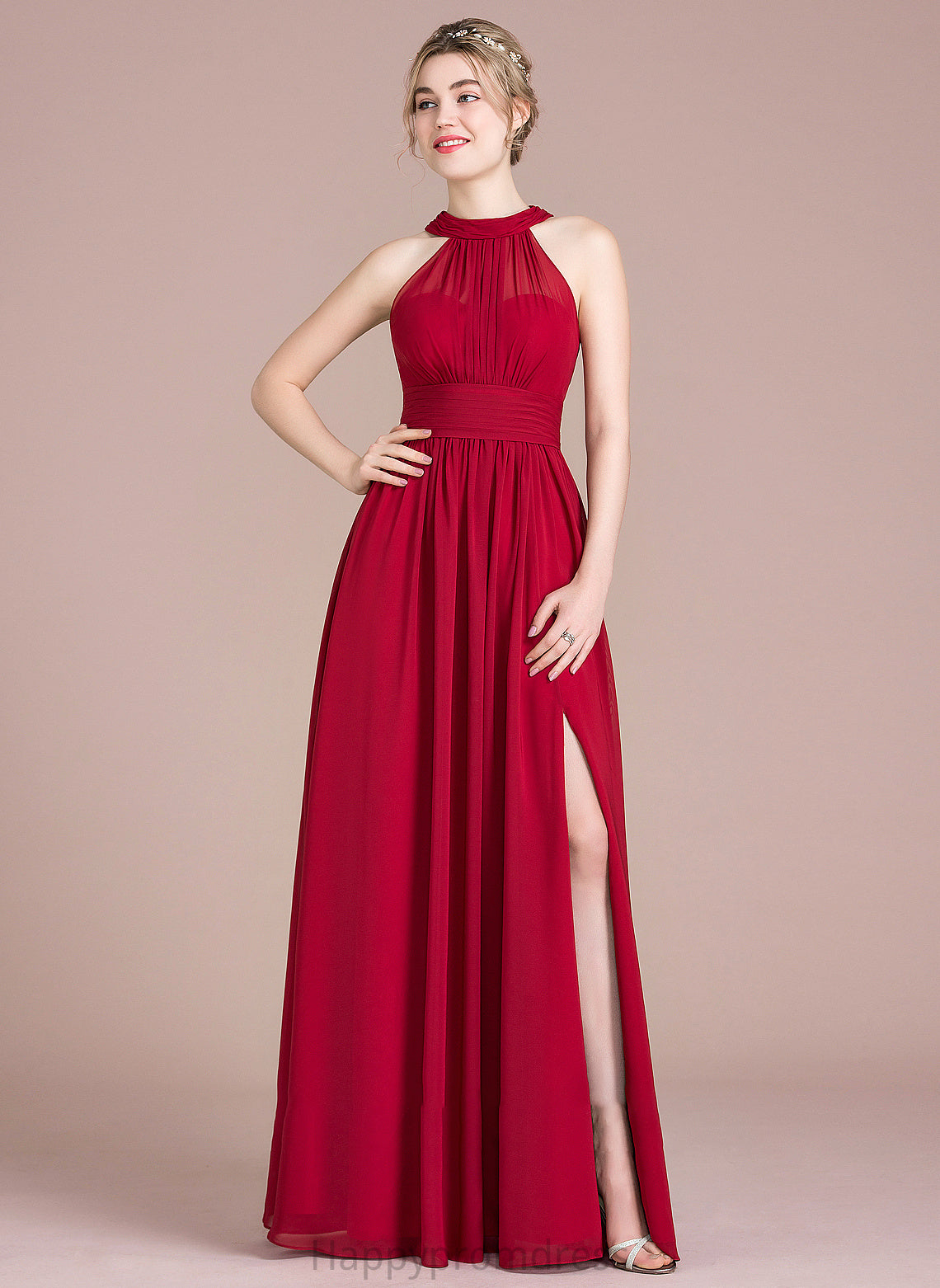 A-Line Bow(s) Split Prom Dresses Floor-Length Ruffle With Front Chiffon Scoop Neck Thirza