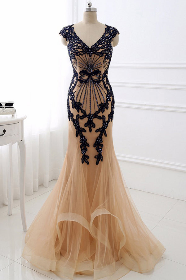 Sheath Brush Train Capped Sleeve Zipper Back Appliques Tulle Prom Dresses