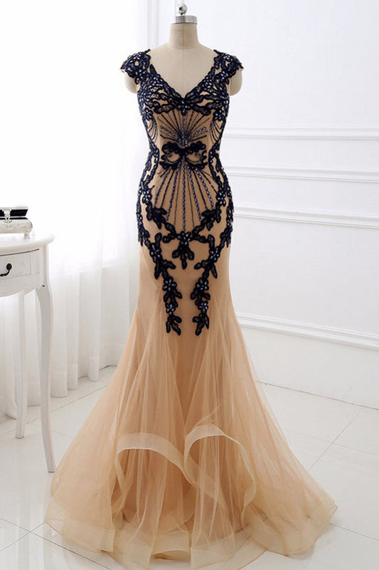 Sheath Brush Train Capped Sleeve Zipper Back Appliques Tulle Prom Dresses