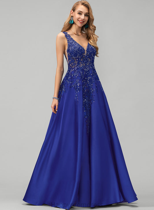 Lace Lillian Floor-Length With V-neck A-Line Sequins Prom Dresses Satin