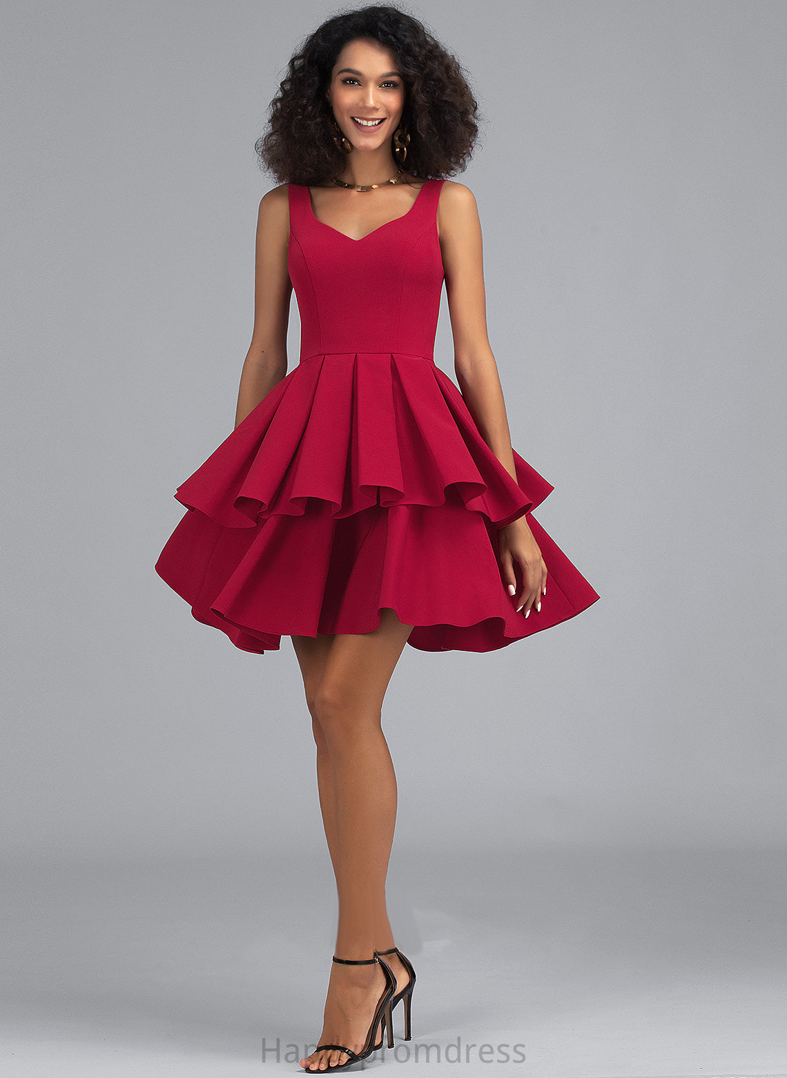 V-neck Shyann Crepe Stretch With Short/Mini Dress Homecoming Dresses Ruffles Cascading Homecoming A-Line