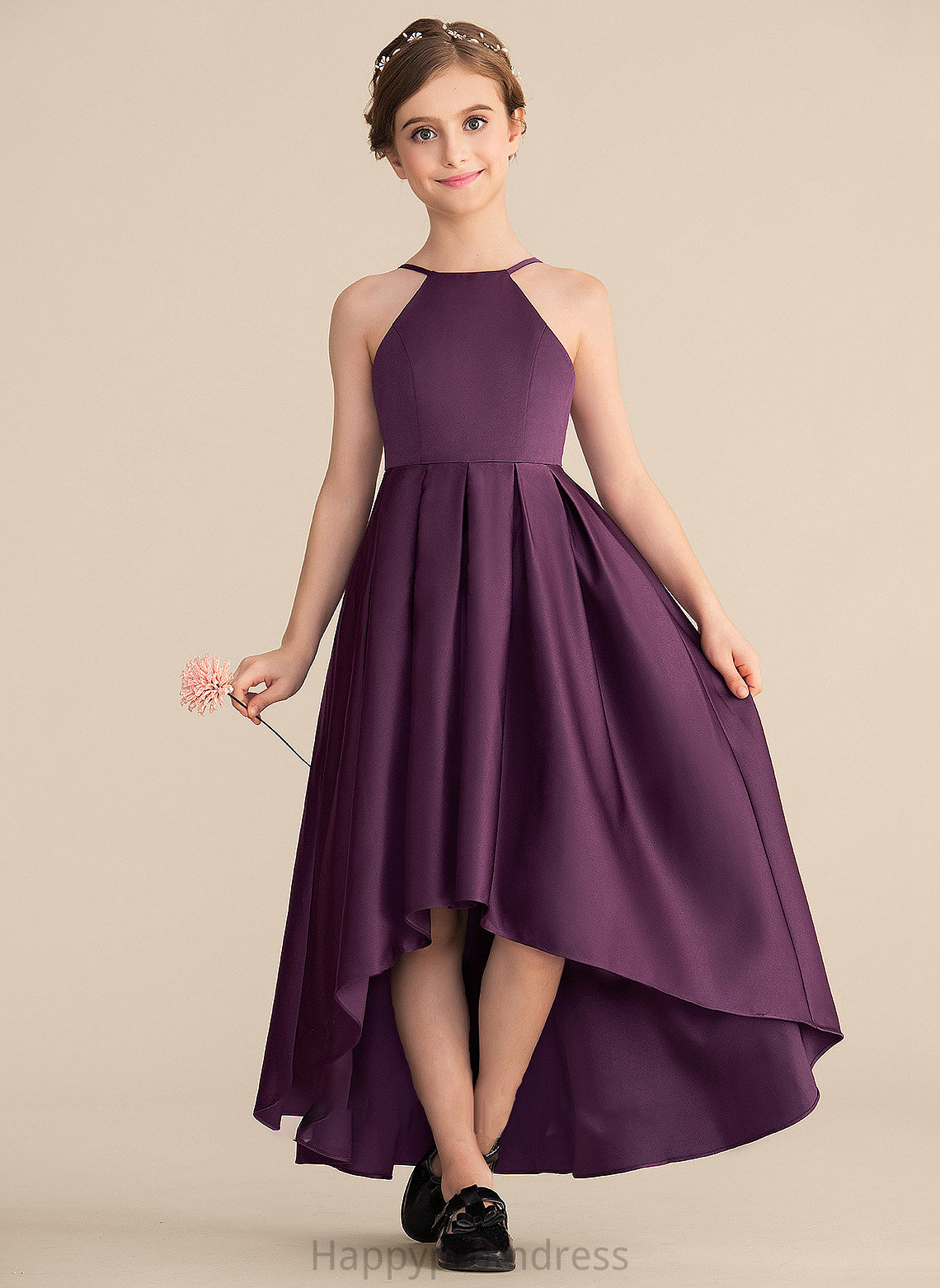 Scoop Junior Bridesmaid Dresses Asymmetrical With Celia Satin A-Line Ruffle Neck