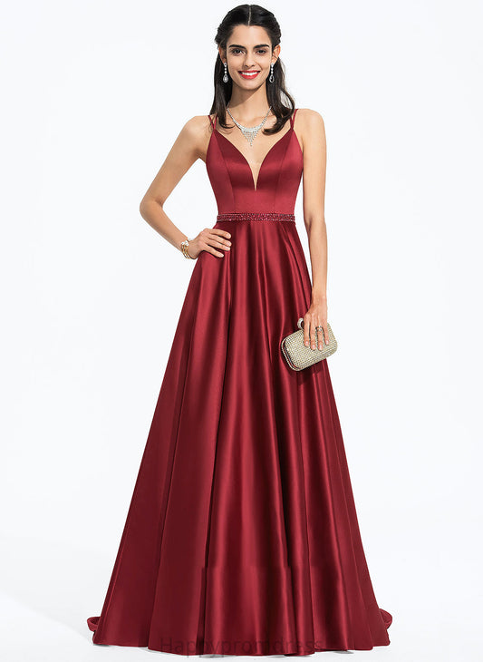 Sequins Beading Makaila A-Line Split Front With Sweep Satin V-neck Train Prom Dresses