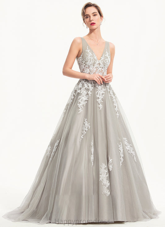 Sweep V-neck Isabell Ball-Gown/Princess Prom Dresses Train Tulle