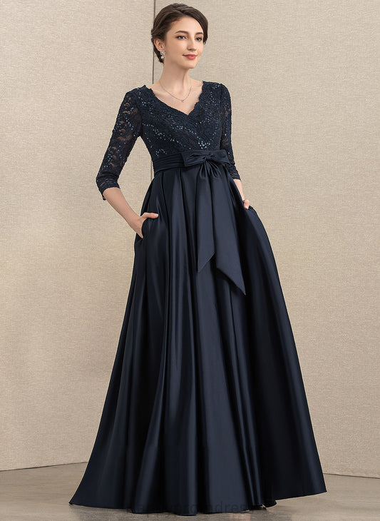 Bow(s) V-neck Paulina Mother of the Bride Dresses A-Line of Pockets Dress Satin Bride With Sequins Floor-Length Mother Lace the