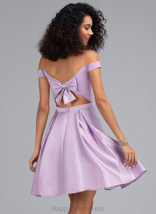 Homecoming Dresses Off-the-Shoulder Bow(s) Satin A-Line Homecoming Pockets Short/Mini Dress With Kaitlyn