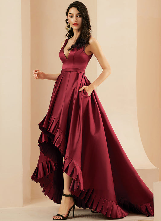 Pockets V-neck Ball-Gown/Princess Asymmetrical Prom Dresses With Evelyn Satin